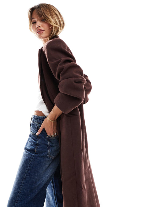 ASOS DESIGN strong shoulder dad coat in chocolate