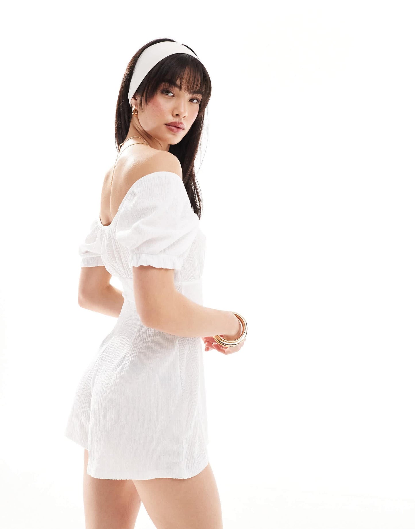 Wednesday's Girl textured detail bardot playsuit in white