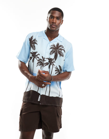 ONLY & SONS revere collar regular fit shirt with retro palm print in light blue