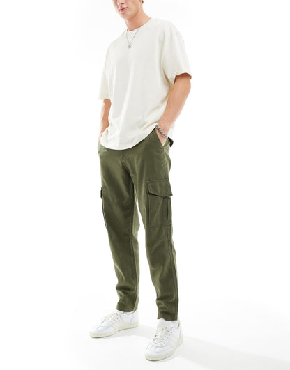 ONLY & SONS linen mix tapered cargo trouser in khaki