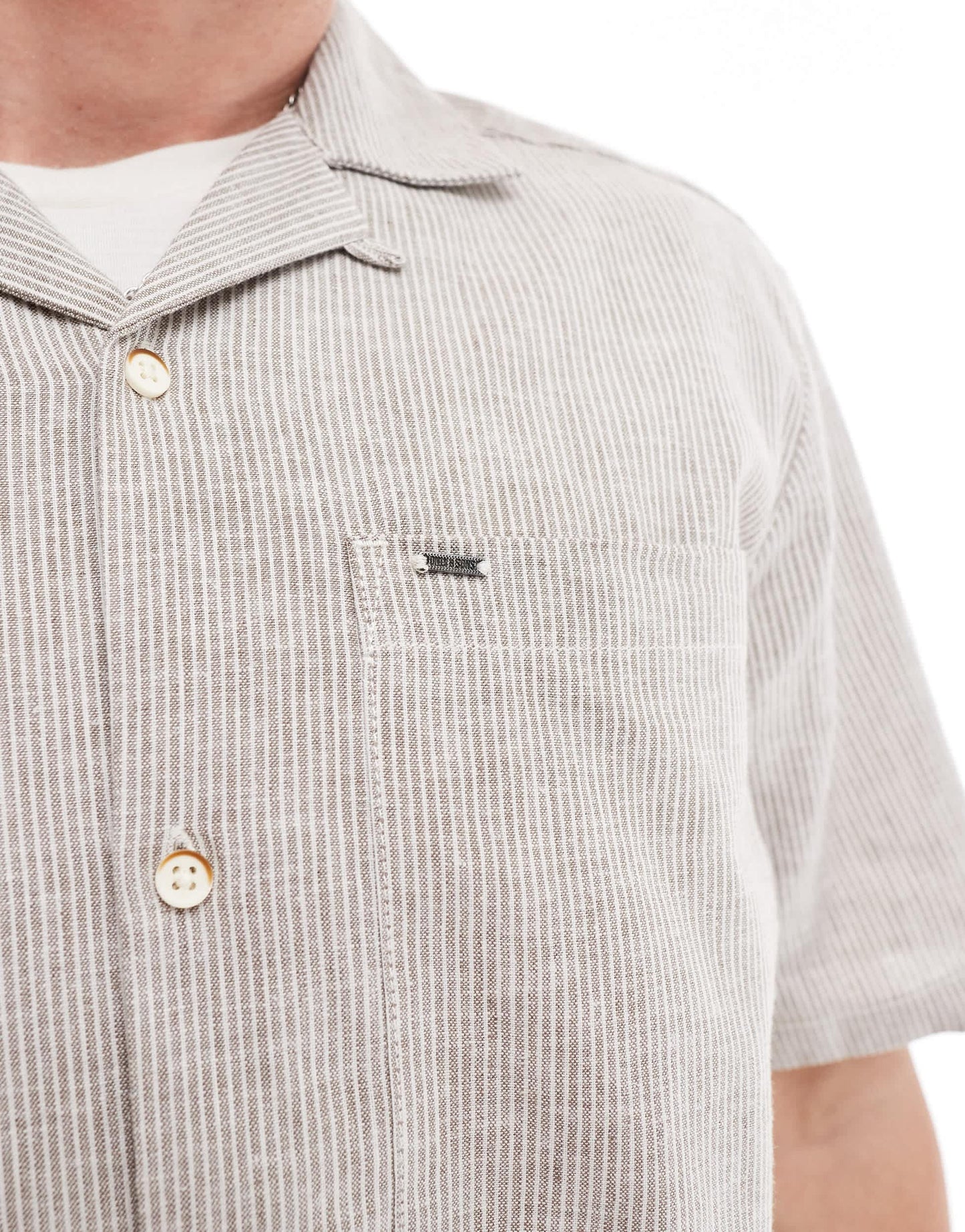ONLY & SONS revere collar linen mix shirt co-ord in beige stripe