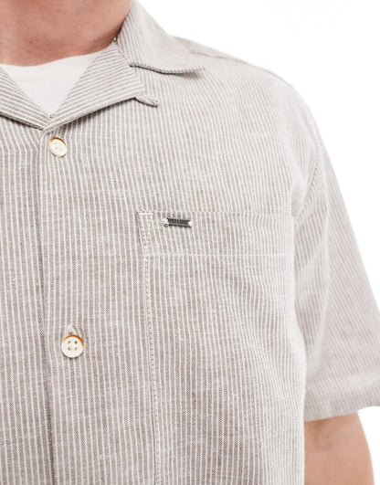 ONLY & SONS revere collar linen mix shirt co-ord in beige stripe
