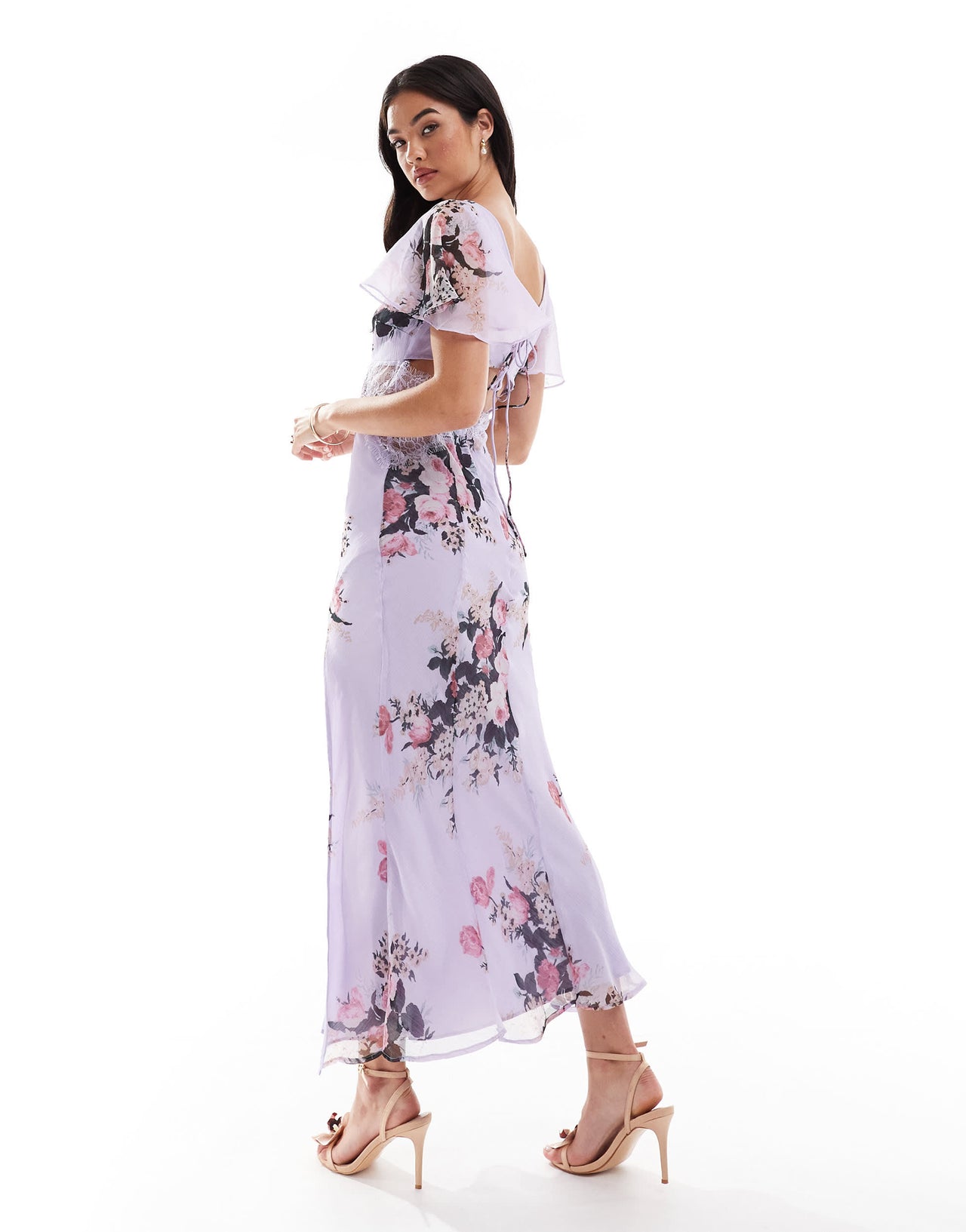 ASOS DESIGN flutter sleeve midi dress with lace insert in lilac floral print