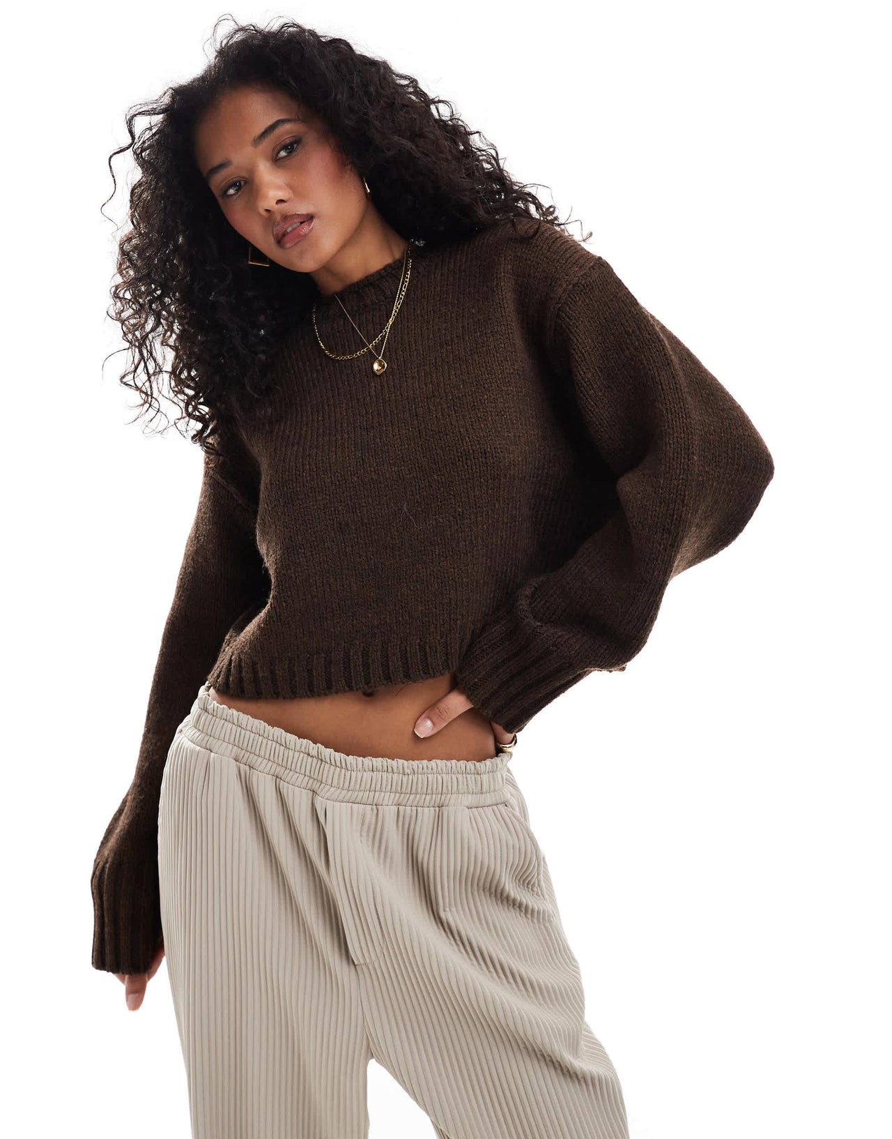 ASOS DESIGN crew neck jumper with chunky trims in chocolate