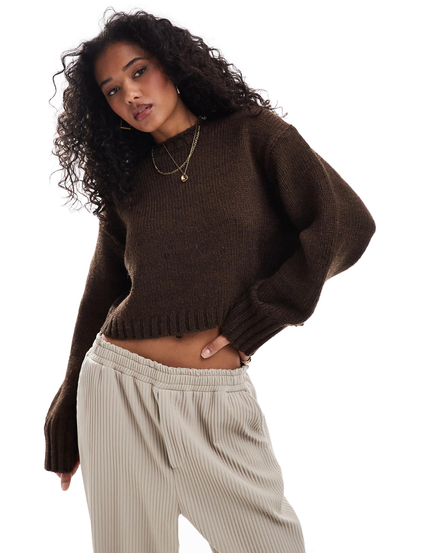 ASOS DESIGN crew neck jumper with chunky trims in chocolate
