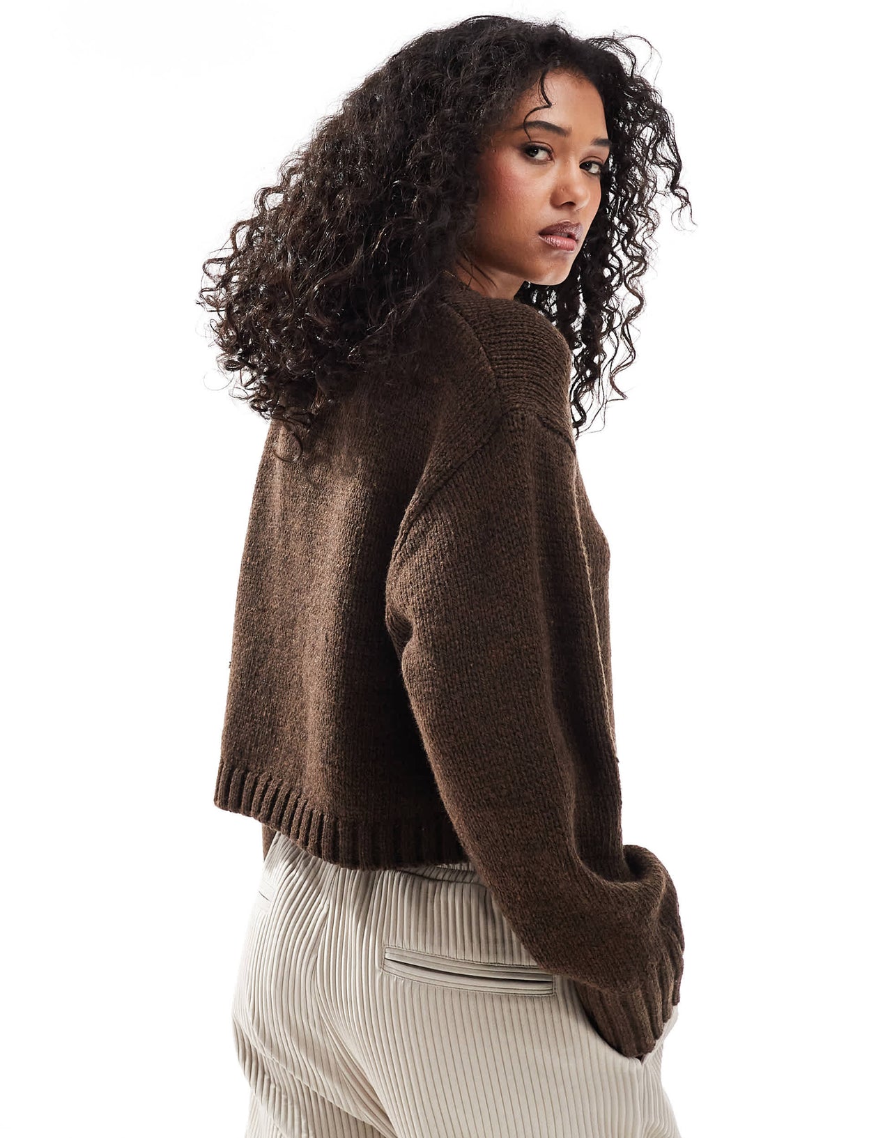 ASOS DESIGN crew neck jumper with chunky trims in chocolate