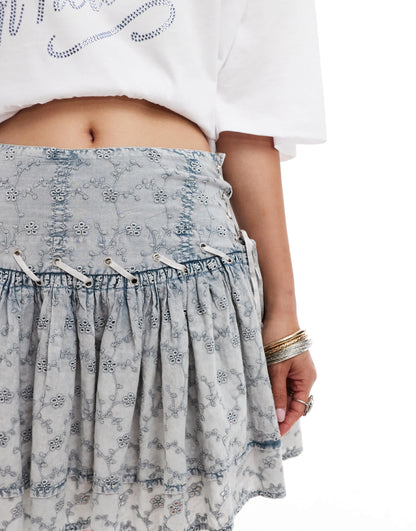 COLLUSION broderie mini skirt with ribbon detail in washed blue