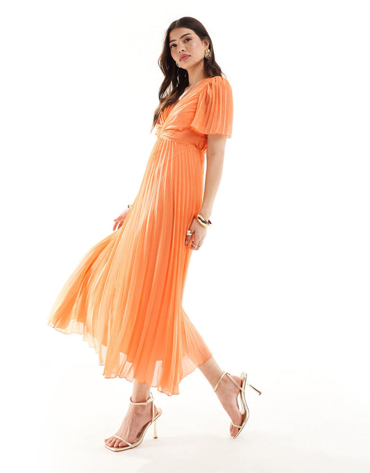 ASOS DESIGN pleated bodice flutter sleeve pleat midi dress in orange