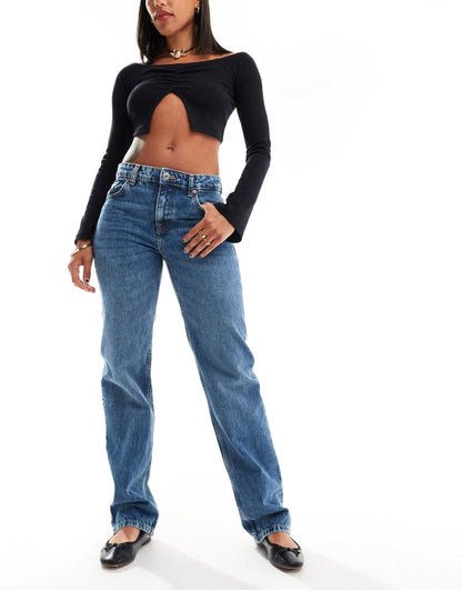 Pull&Bear mid rise straight leg jean in dark blue