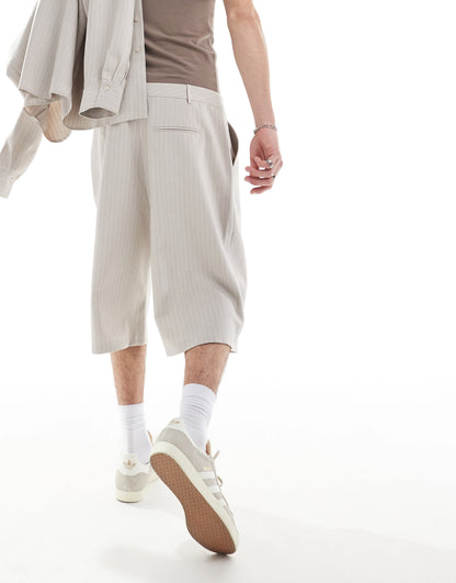 COLLUSION unisex co-ord relaxed wide leg tailored shorts in sand pinstripe