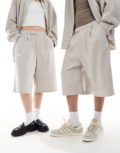 COLLUSION unisex co-ord relaxed wide leg tailored shorts in sand pinstripe