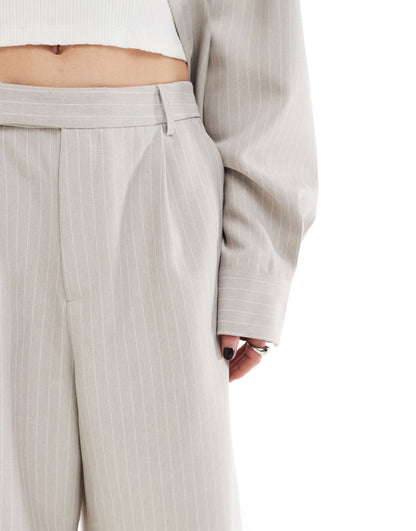 COLLUSION unisex co-ord relaxed wide leg tailored shorts in sand pinstripe