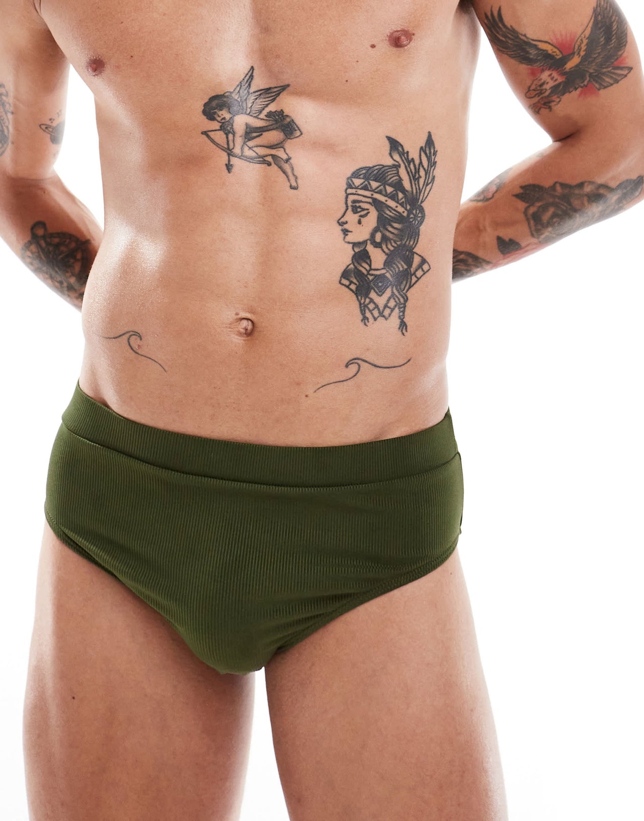 Reclaimed Vintage swim trunk in khaki rib