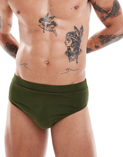 Reclaimed Vintage swim trunk in khaki rib
