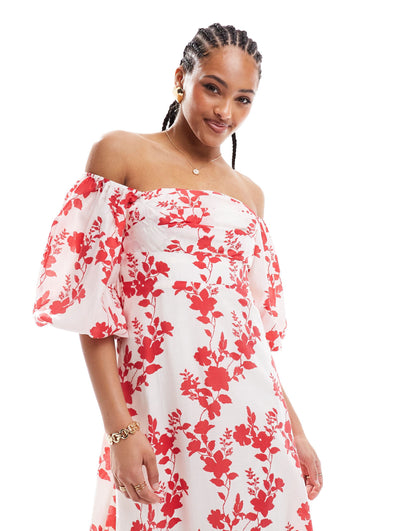 Nobody's Child Maxine bardot balloon sleeve midaxi dress in large red floral