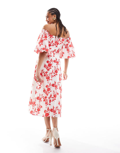 Nobody's Child Maxine bardot balloon sleeve midaxi dress in large red floral