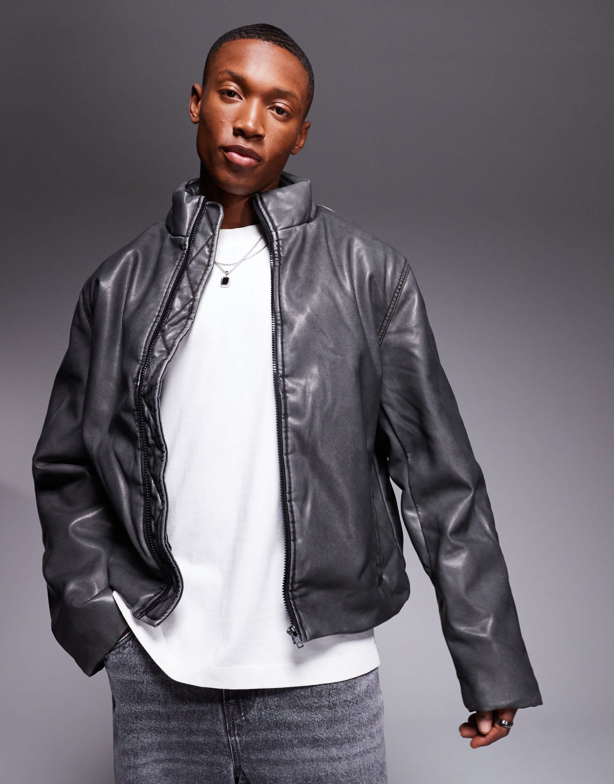 ASOS DESIGN washed faux leather puffer jacket in black