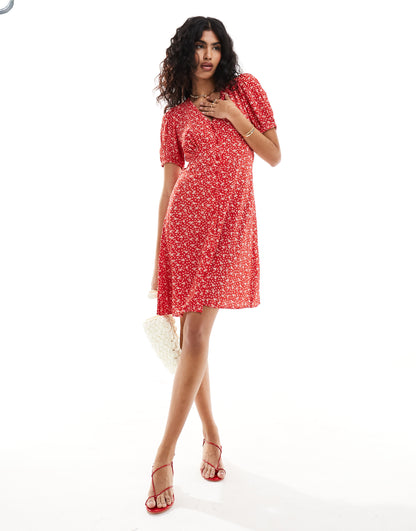 & Other Stories button through mini dress in red ditsy floral