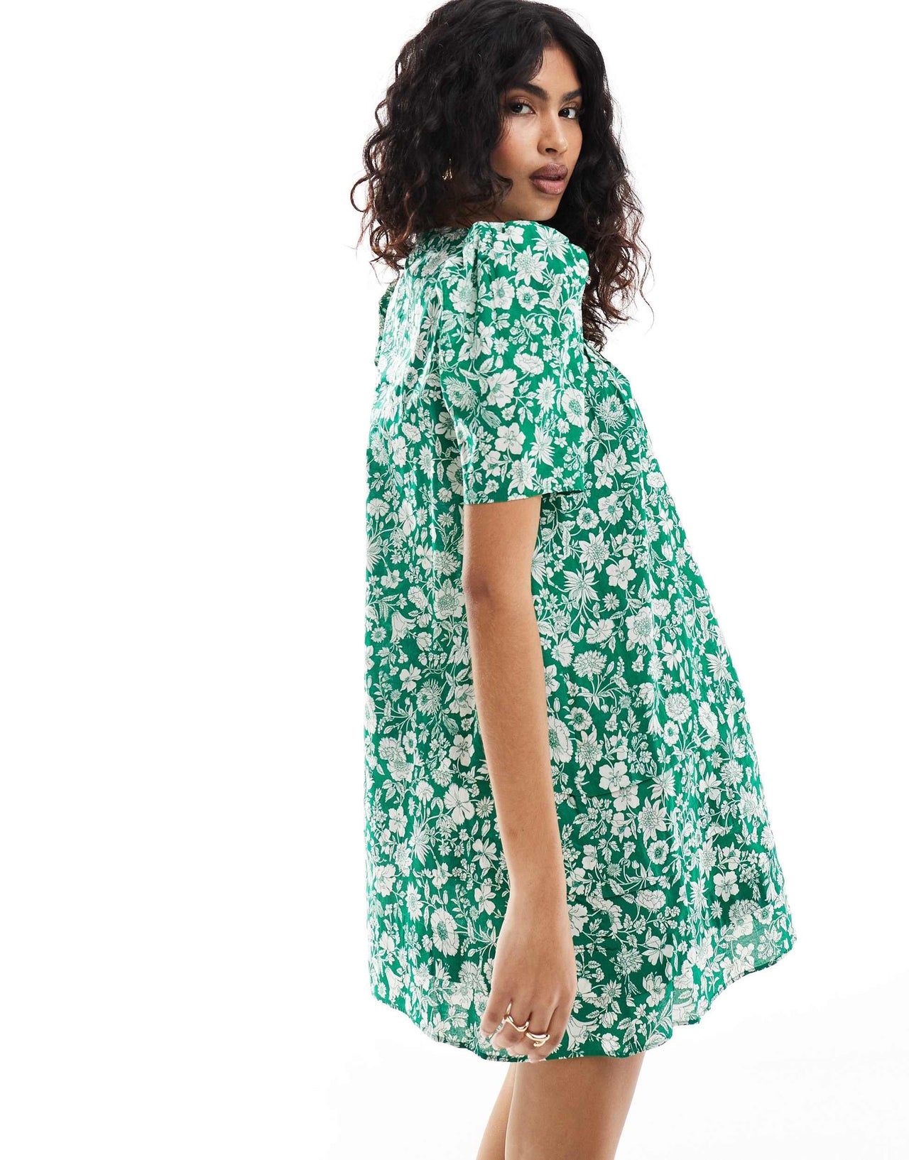 & Other Stories mini swing dress with puff sleeves in green floral print