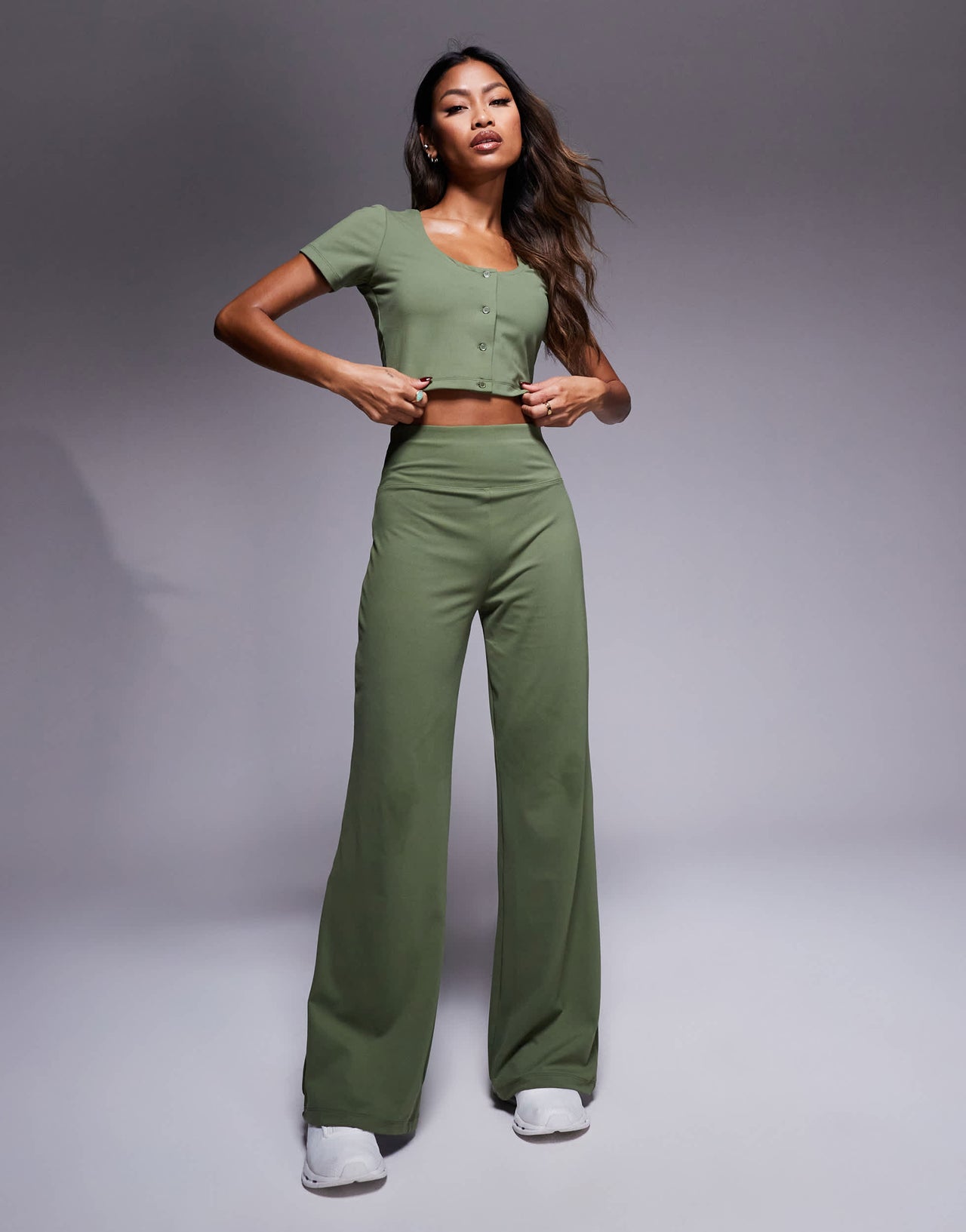 4505 Studio soft touch active short sleeve cardigan in khaki