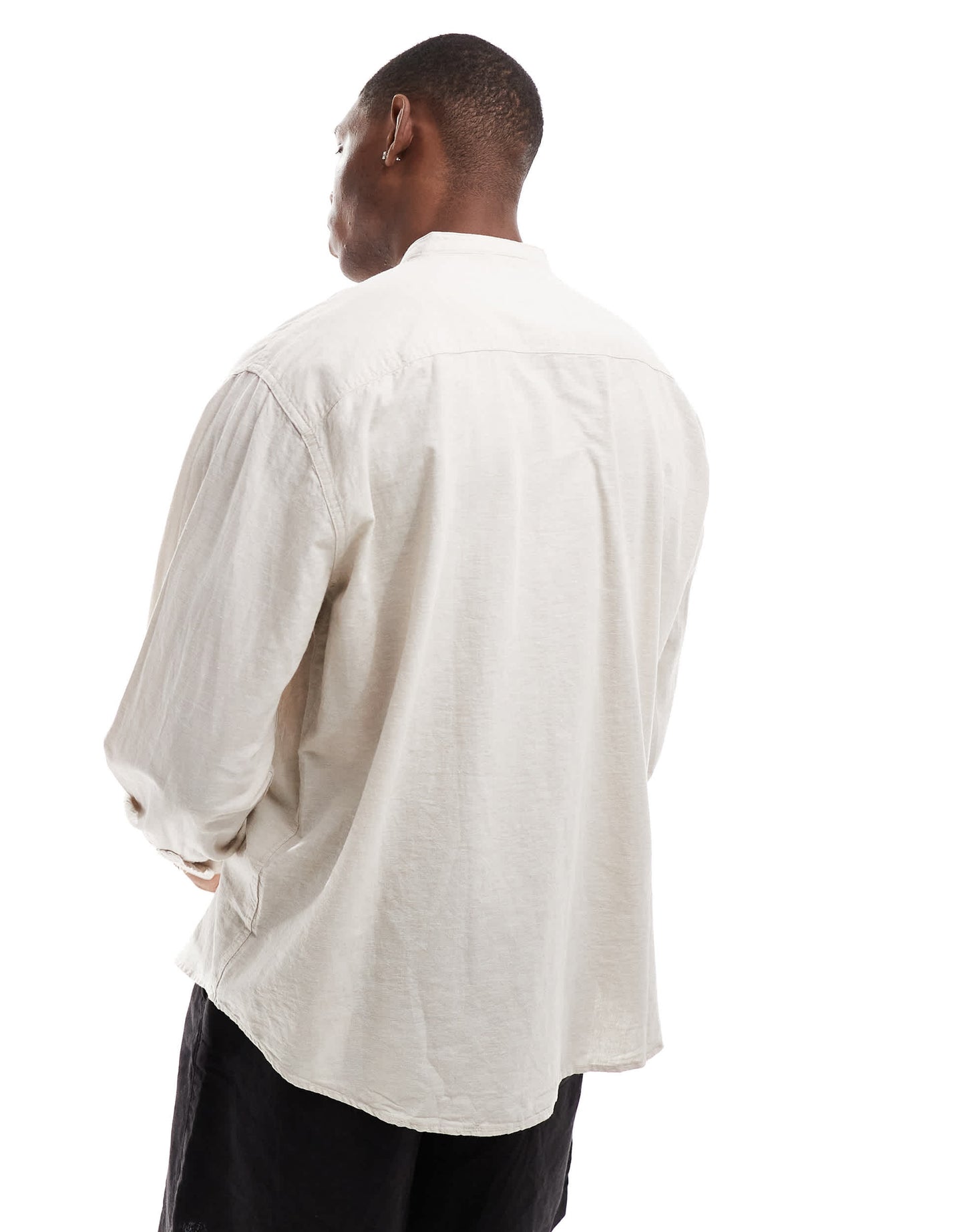 Selected oversized linen mix grandad collar shirt in beige