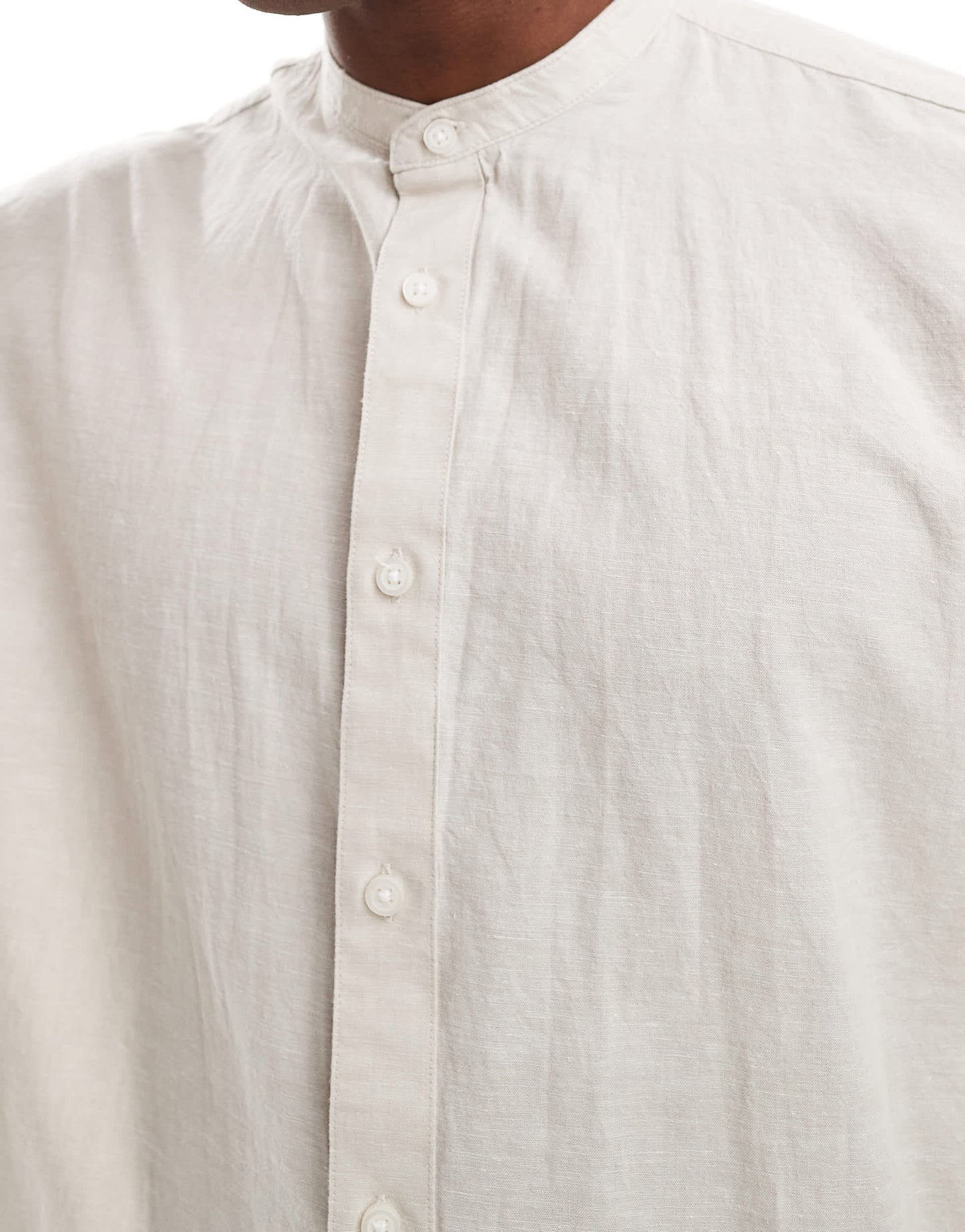 Selected oversized linen mix grandad collar shirt in beige