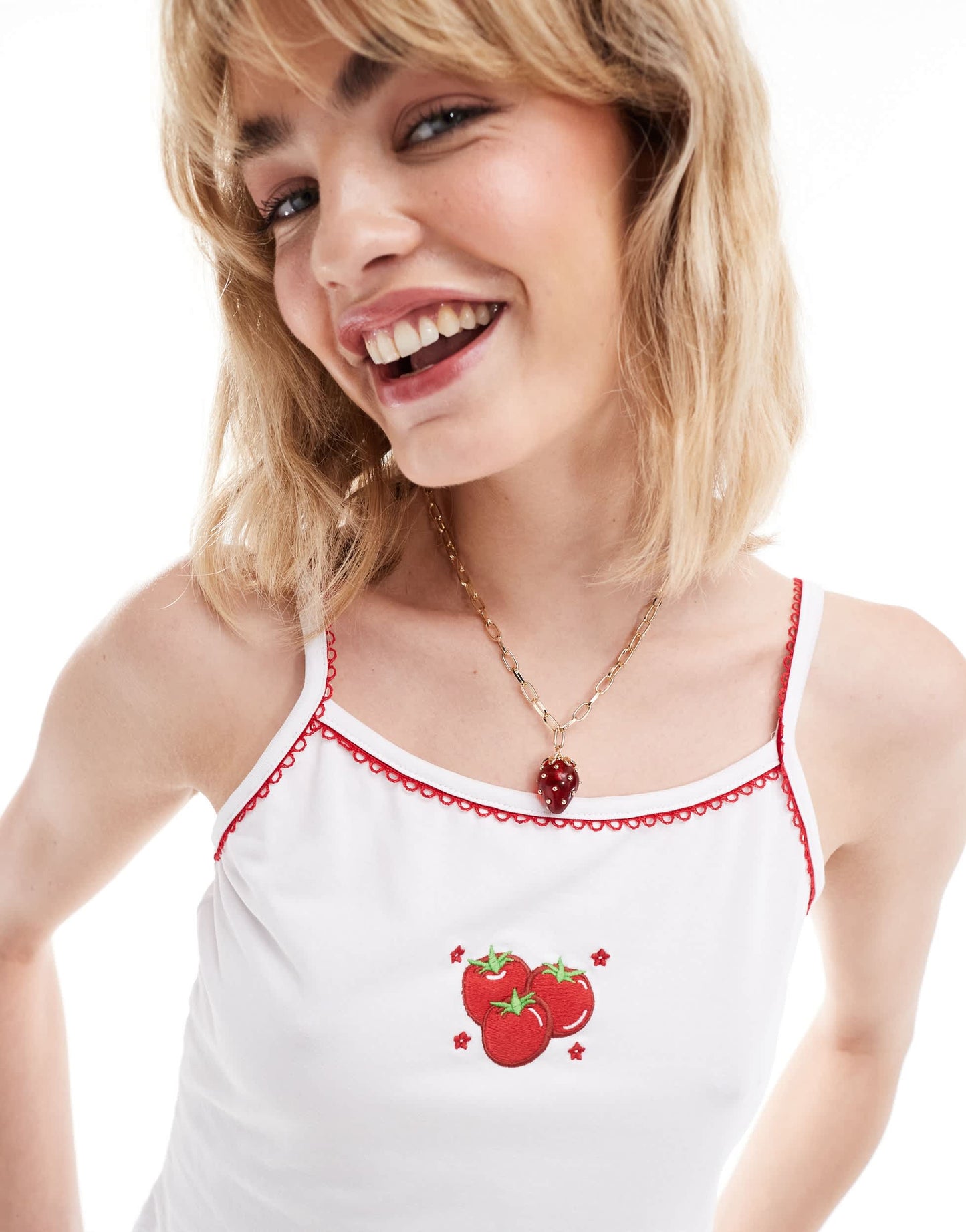 Neon Rose tomato placement print micro vest in white