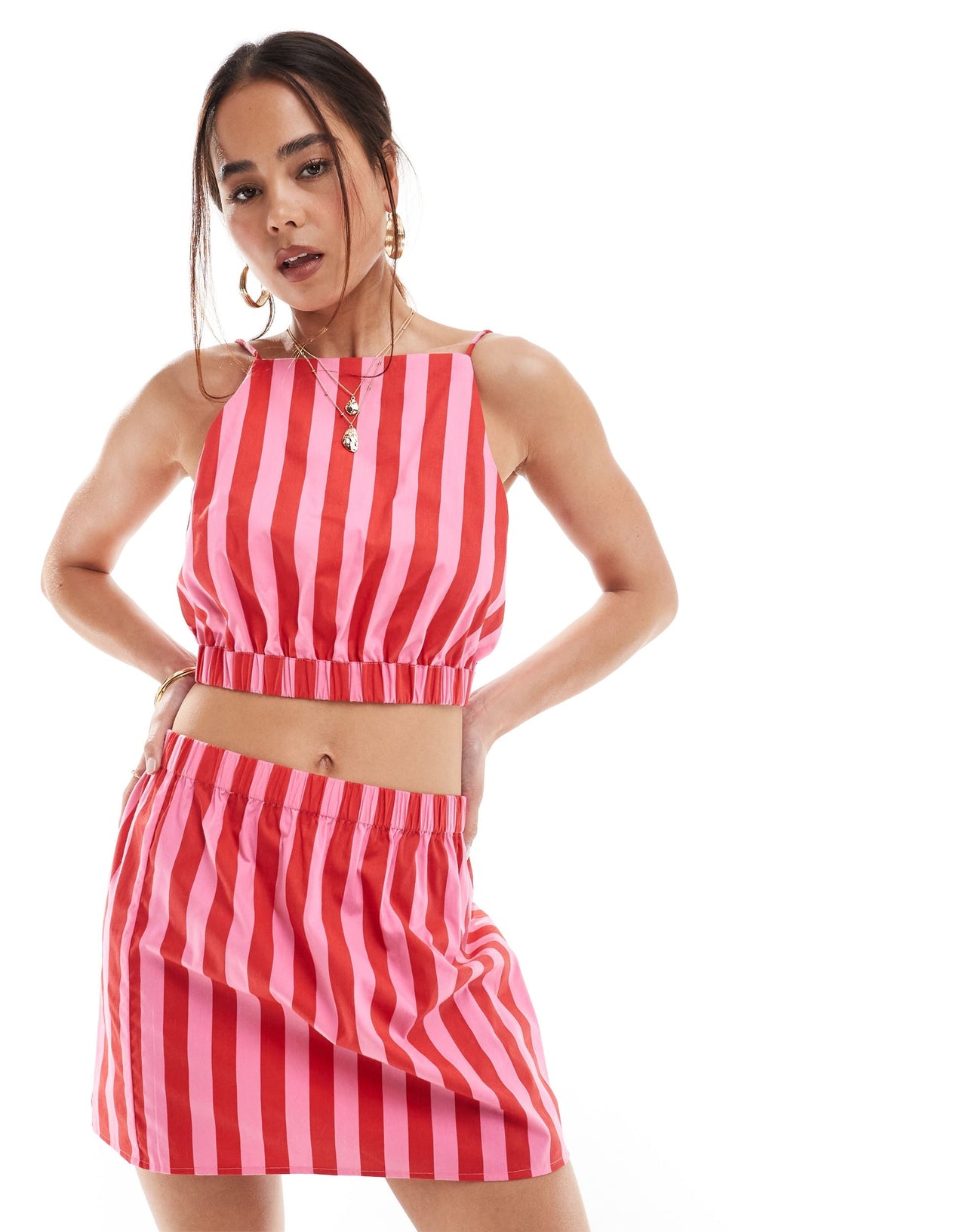 ASOS DESIGN cropped cami co-ord in pink and red stripe