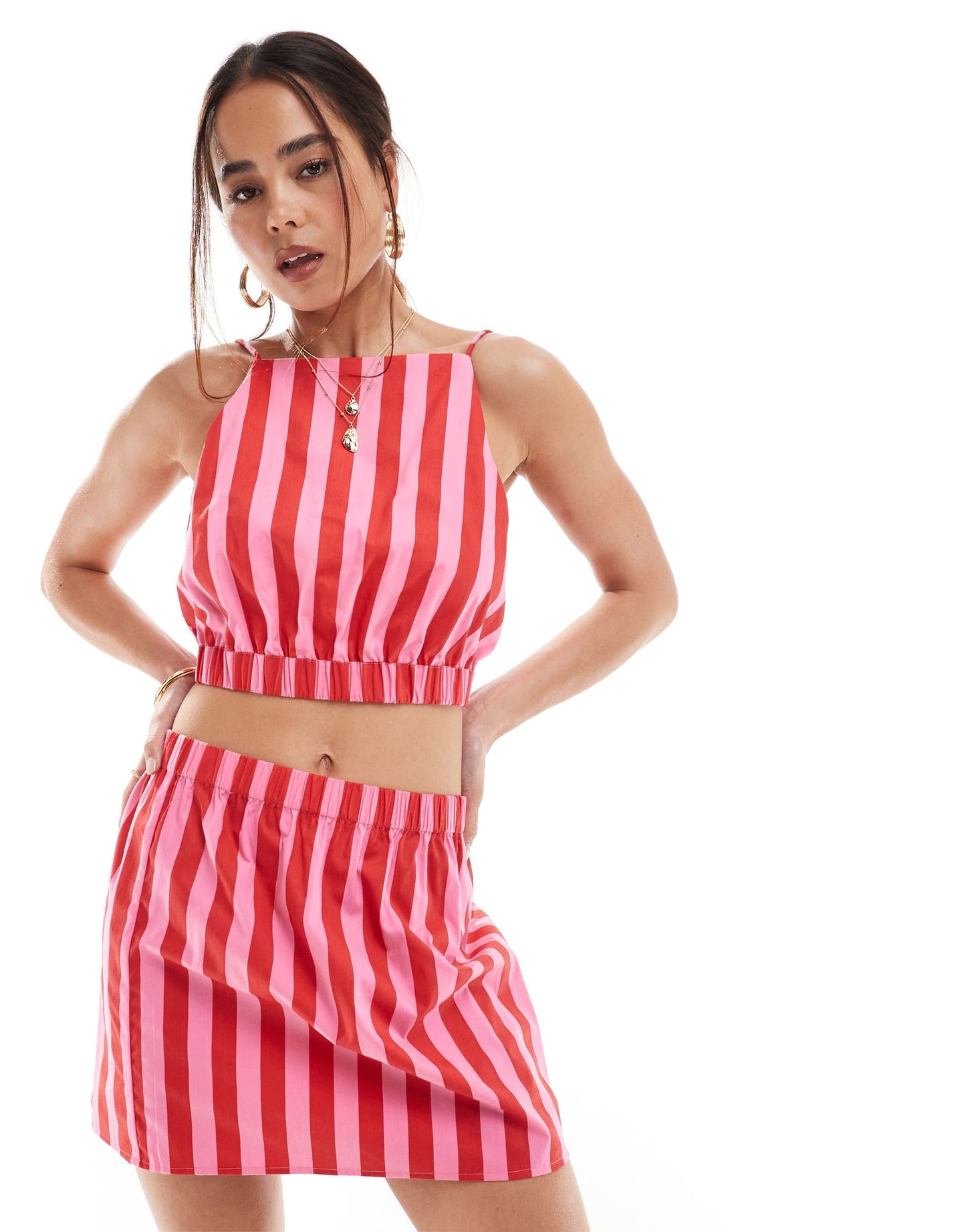 ASOS DESIGN cropped cami co-ord in pink and red stripe