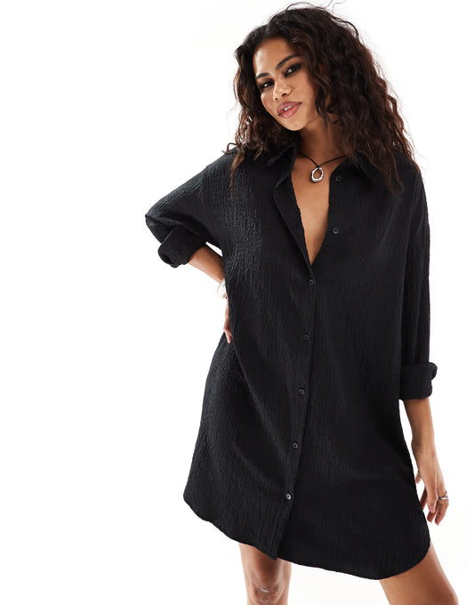 Monki oversized mini shirt dress in beige