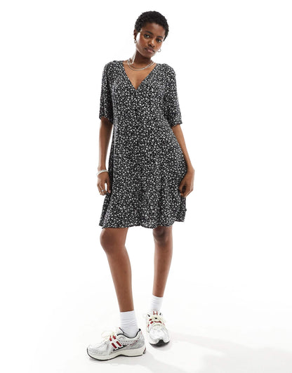 Monki button through mini dress in black and white floral print