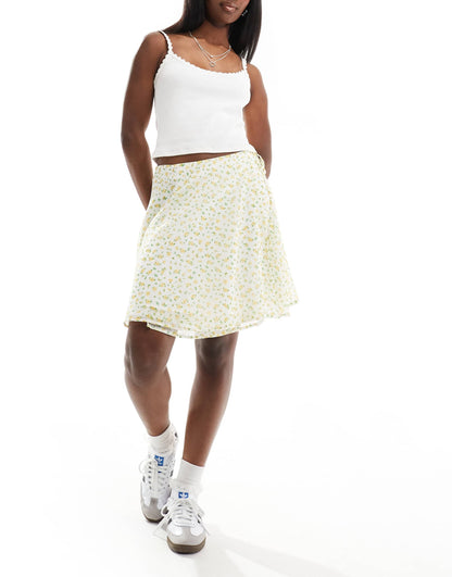 Wednesday's Girl floral print tie detail mini skirt in white and yellow