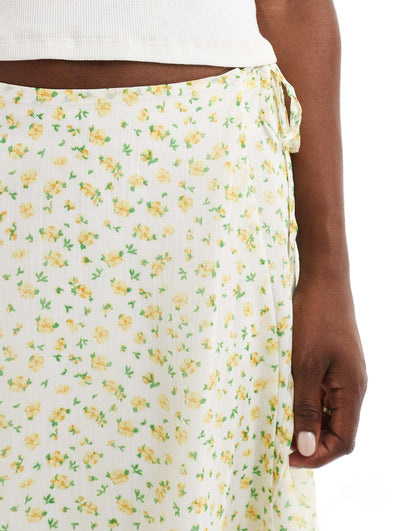 Wednesday's Girl floral print tie detail mini skirt in white and yellow