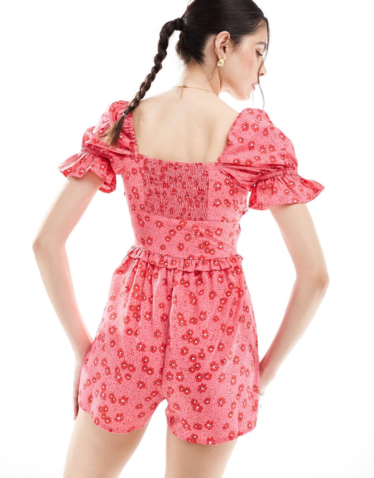 Wednesday's Girl bow detail playsuit in pink and red