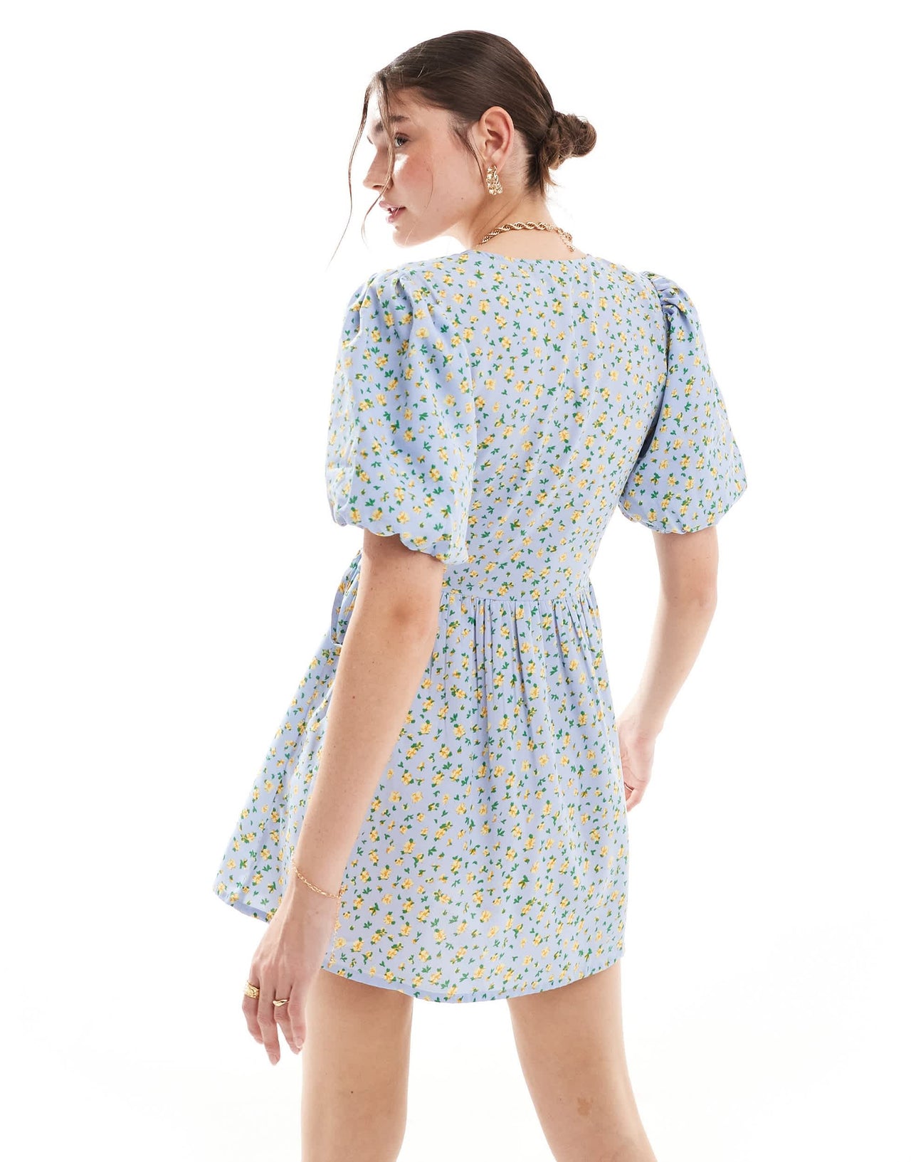 Wednesday's Girl ditsy puff sleeve wrap mini dress in blue