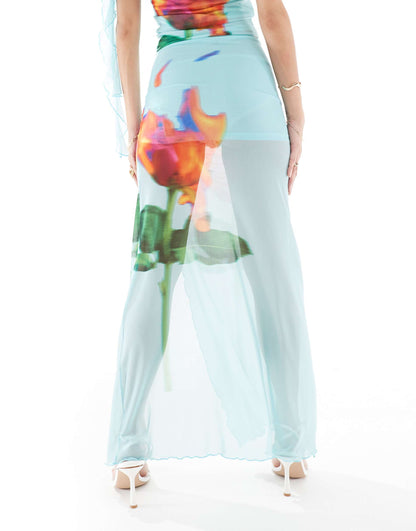 ASOS DESIGN co-ord midi skirt with placement rose print in blue