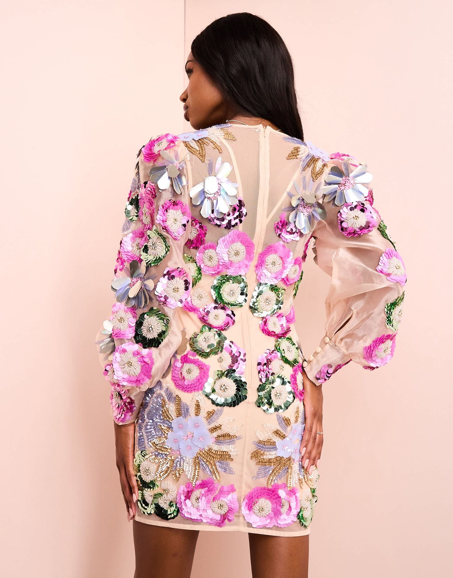 ASOS LUXE v-neck sheer mini dress with placement embellished flowers in pink floral