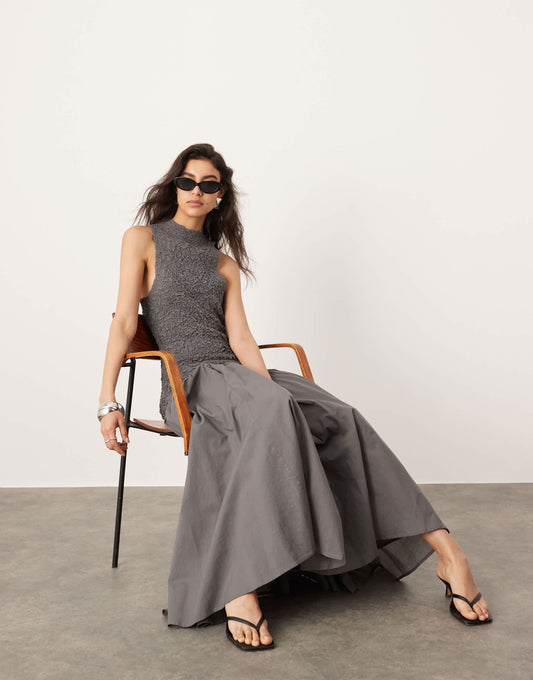 ASOS EDITION cotton shirred high neck midi dress with drop waist in charcoal