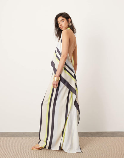 ASOS EDITION high cowl neck maxi dress with open back in scarf stripe print