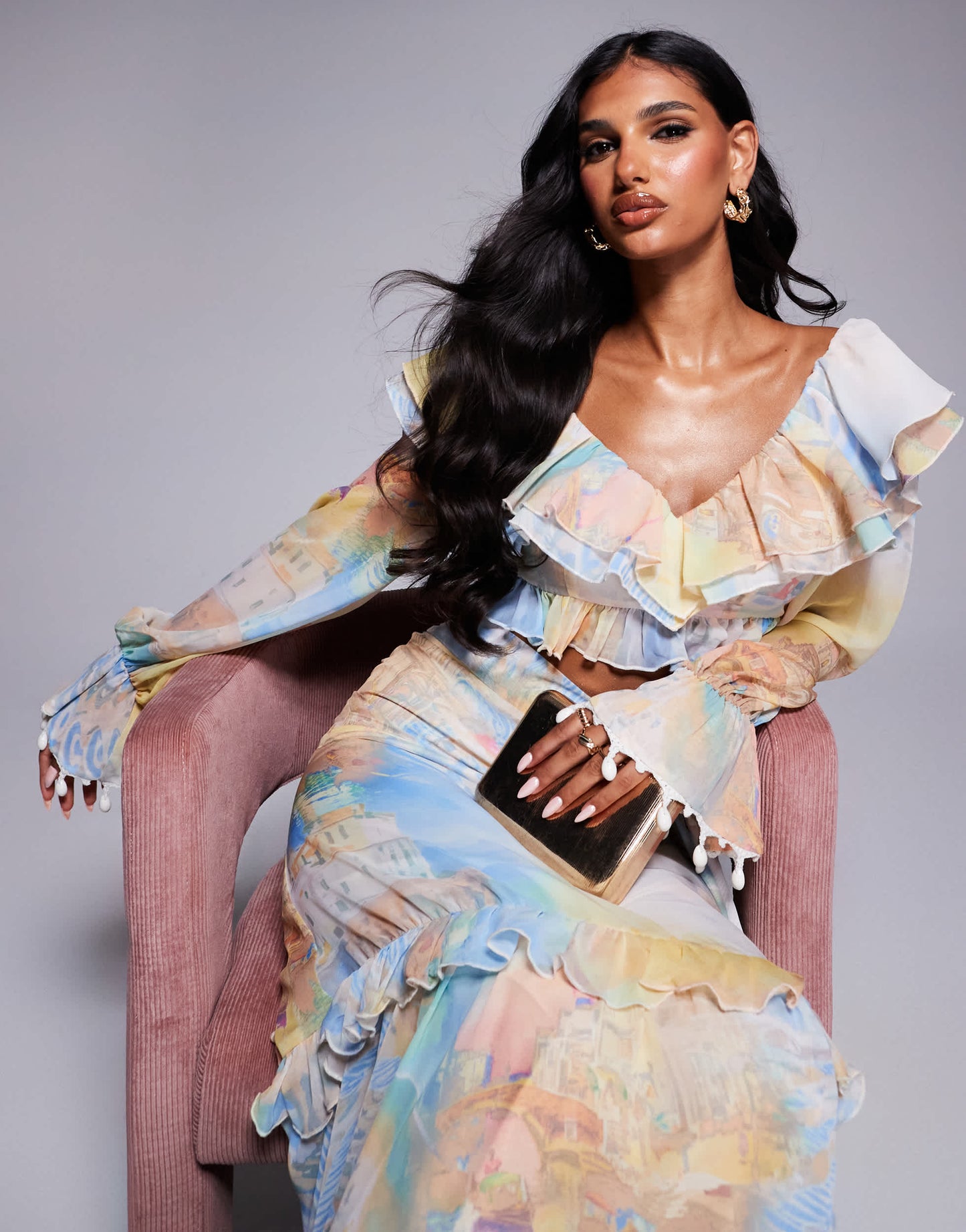 ASOS LUXE co-ord ruffle organza  top with shell trims in postcard print