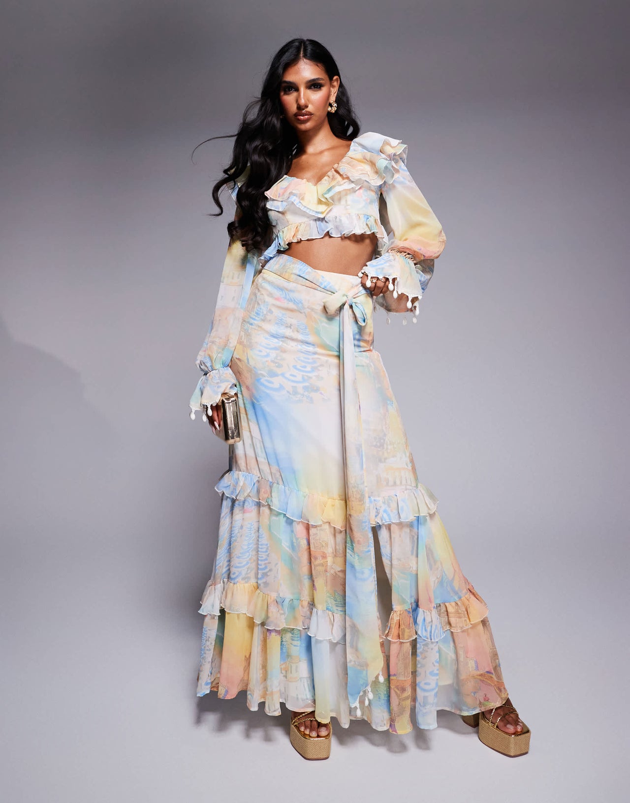 ASOS LUXE co-ord ruffle organza  top with shell trims in postcard print