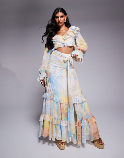 ASOS LUXE co-ord ruffle organza  top with shell trims in postcard print