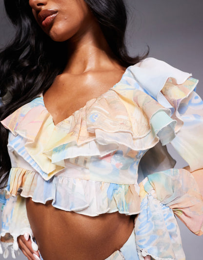 ASOS LUXE co-ord ruffle organza  top with shell trims in postcard print
