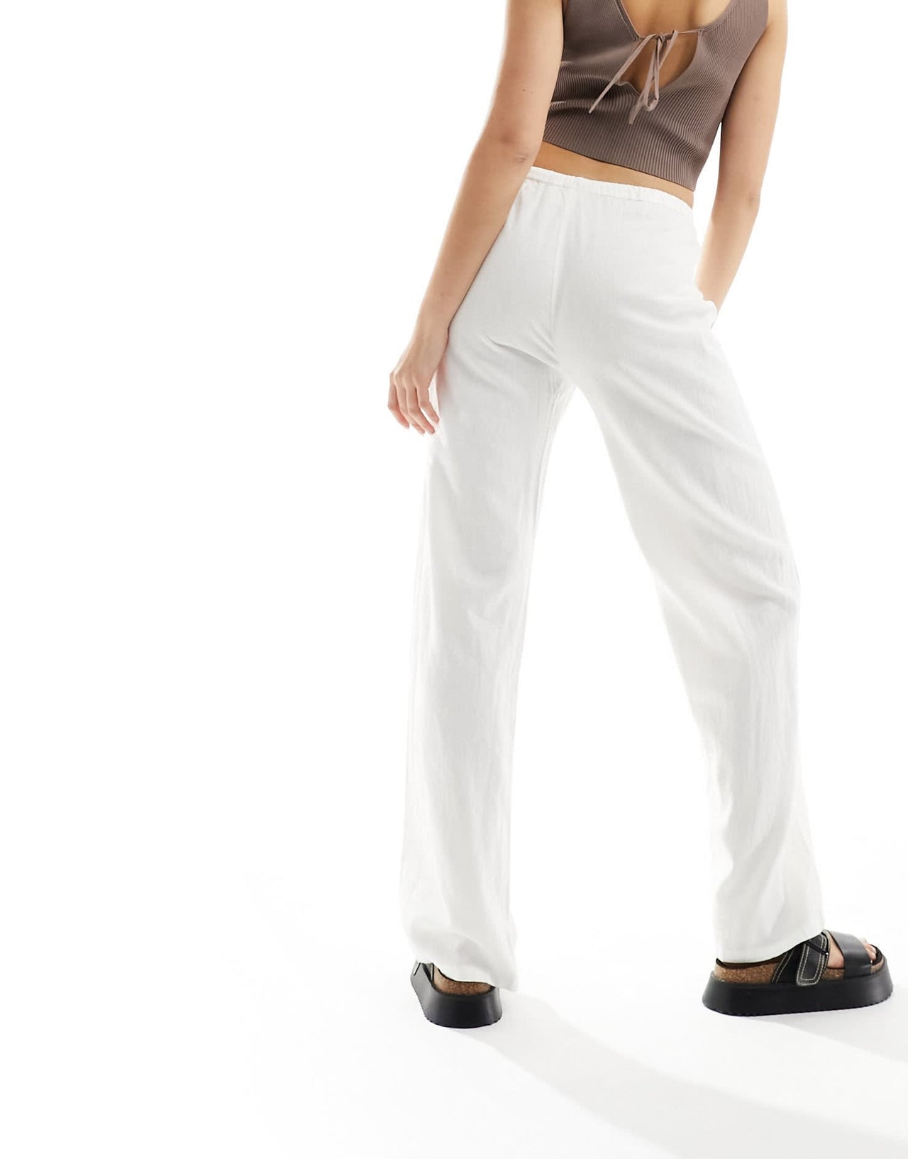 Pull&Bear high waisted linen trousers in white