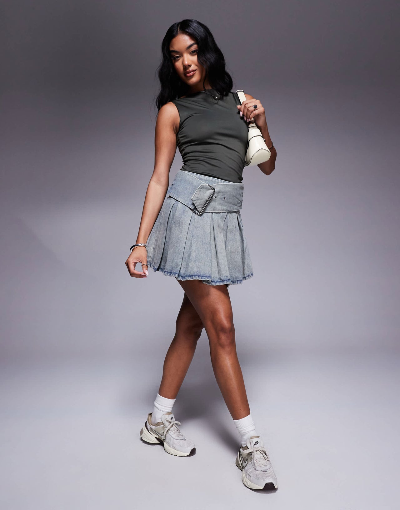 Liquor N Poker single belt mini skater skirt in dirty indigo