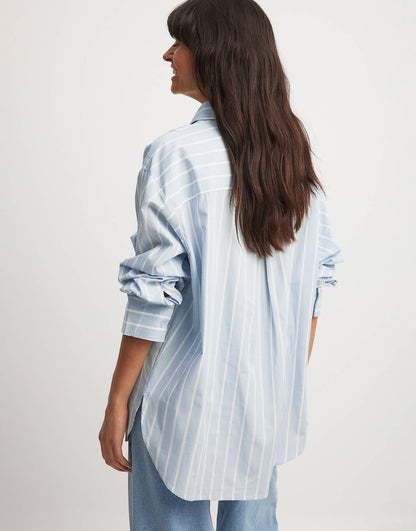NA-KD x Laura Jane Stone oversized shirt with high cuffs in blue & white stripe