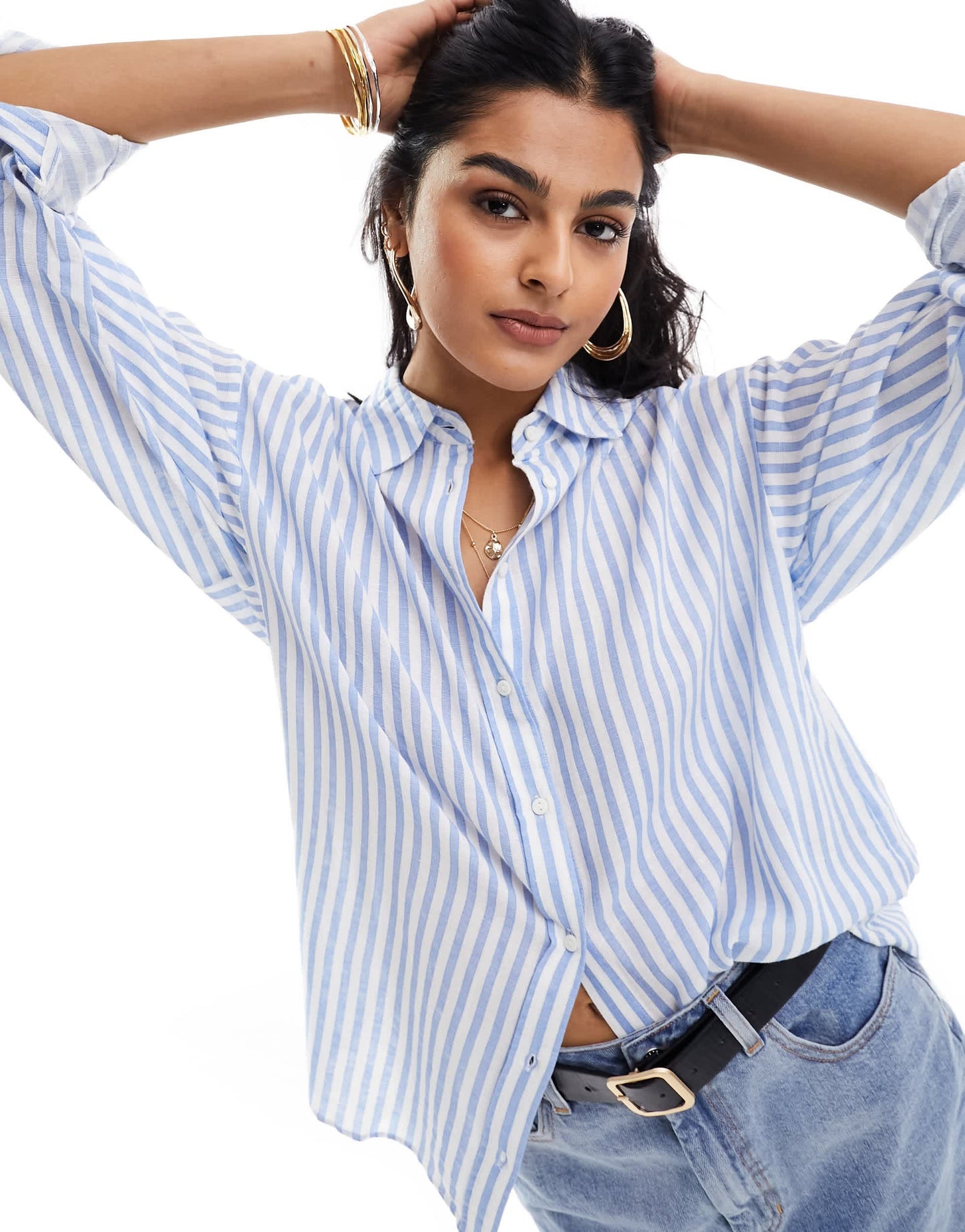Stradivarius relaxed fit linen look stripe shirt in light blue