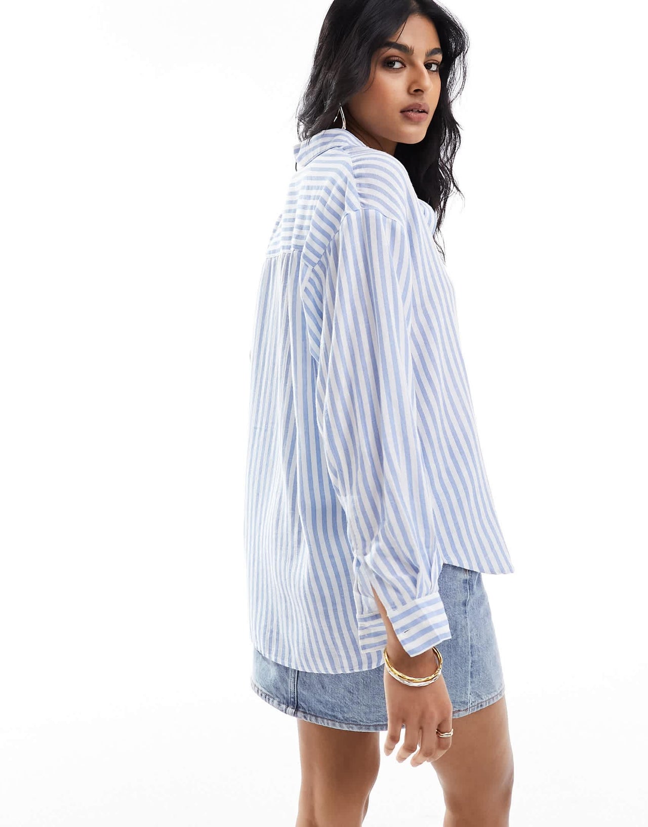 Stradivarius relaxed fit linen look stripe shirt in light blue