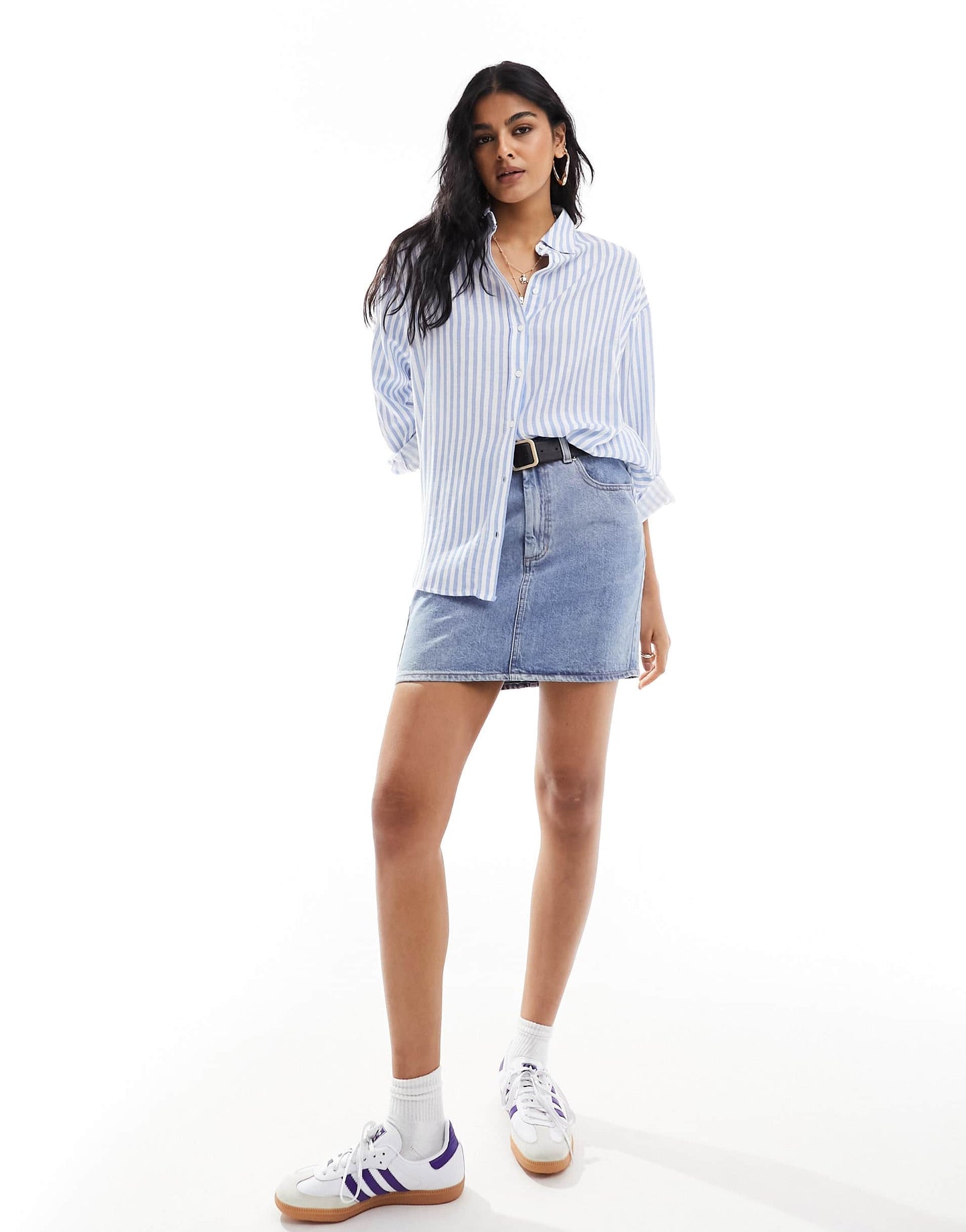Stradivarius relaxed fit linen look stripe shirt in light blue