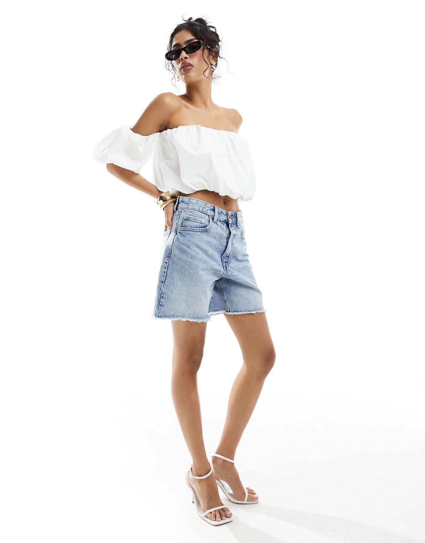 Stradivarius puff detail off the shoulder bandeau top in white